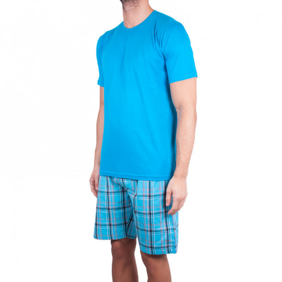 Pijama scurtă pentru bărbați Molvy albastru cu pantaloni în carouri
